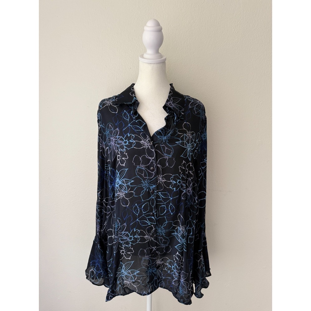 Venezia Jeans 100% Silk Blouse Black Blue Floral Sheer Bell Sleeve Shirt 14/16